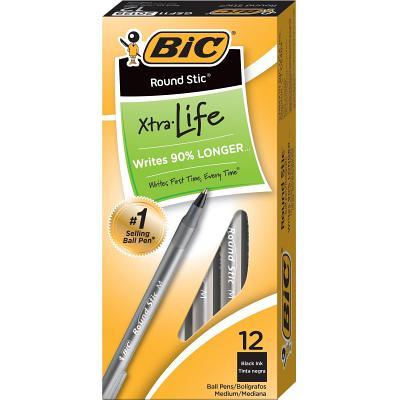 Bic Round Stic Xtra-Life Ballpoint Pen, Medium Point, 1.0mm, Black Ink, Dozen (Gsm11bk)