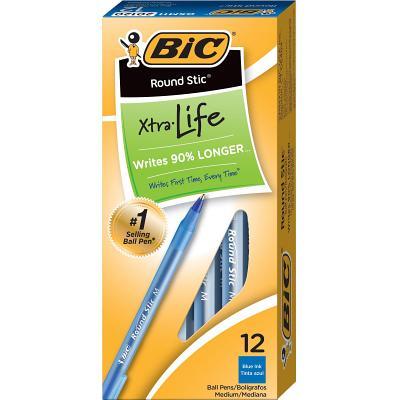 Bic Round Stic Xtra-Life Ballpoint Pen, Medium Point, 1.0mm, Blue Ink, Dozen (20120/Gsm11bl)