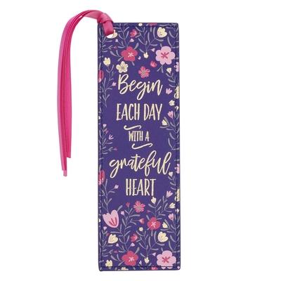 With Love Pink/Blue Faux Leather Bookmark for Women, Begin Each Day with a Grateful Heart Floral Debossed Design W/Gold Accents/Ribbon Tassel, Inspira