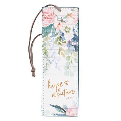 Christian Art Gifts Blue Floral Faux Leather Bookmark Hope and a Future - Jeremiah 29:11 Bible Verse Inspirational Bookmark for Women W/Satin Ribbon T