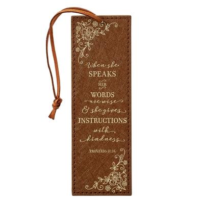 Christian Art Gifts Faux Leather Bookmark When She Speaks Her Words Are Wise Proverbs 31 Woman Bible Verse W/Cord Tassel, Brown