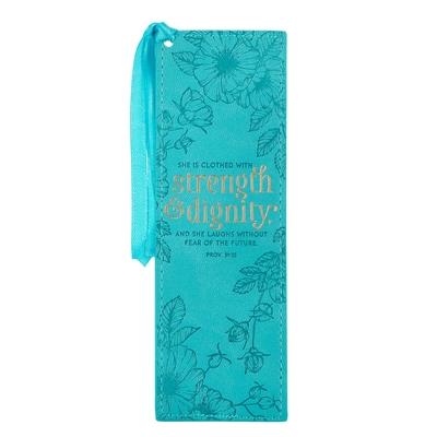 Christian Art Gifts Faux Leather Bookmark She Is Clothed Strength Dignity Proverbs 31:25 Bible Verse, Teal