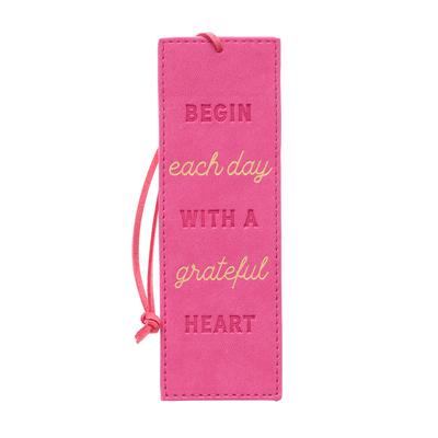 With Love Pink Faux Leather Bookmark for Women, Begin Each Day W/A Grateful Heart Debossed Design W/Gold Accents/Pink Cord Tassel, Inspirational Encou