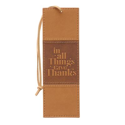 With Love Tan Faux Leather Bookmark for Men/Women, in All Things Give Thanks Debossed Design W/Accent Applique/Brown Cord Tassel, Inspirational Encour