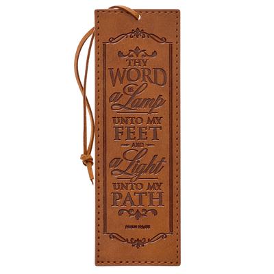 Christian Art Gifts Toffee Brown Faux Leather Bookmark: Thy Word Is a Lamp Unto My Feet - Psalm 119:105 Inspirational Bible Verse with Cord