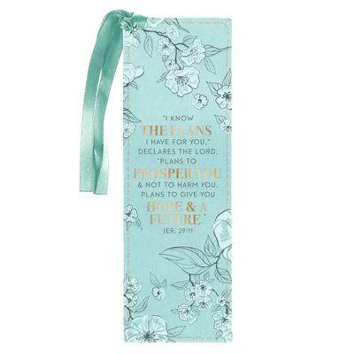 Christian Art Gifts Faux Leather Bookmark: I Know the Plans I Have for You - Jeremiah 29:11 Inspirational Bible Verse, Teal with Satin Ribbon