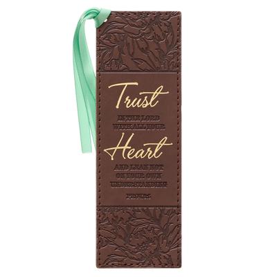 Christian Art Gifts Faux Leather Bookmark: Trust in the Lord - Proverbs 8:5 Inspirational Bible Verse, Brown with Satin Ribbon