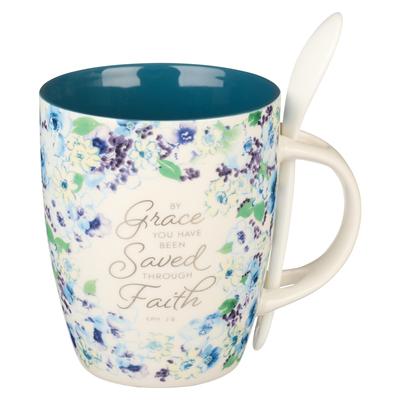 Christian Art Gifts Ceramic Mug with Spoon for Women by Grace You Have Been Saved - Ephesians 2:8 Inspirational Bible Verse, 12 Oz.