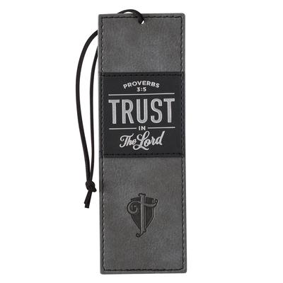 Christian Art Gifts Black Charcoal Gray Faux Leather Bookmark for Men: Trust in the Lord - Proverbs 3:5 Inspiring Bible Verse, Heat-Debossed W/Silver