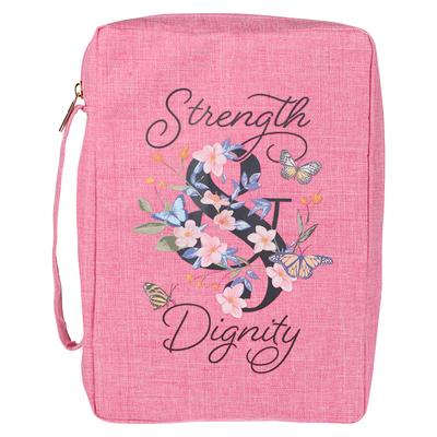 Christian Art Gifts Polyester Bible Cover for Women with Zippered Pocket and Pen Storage: Strength & Dignity - Proverbs 31:25 Inspirational Bible Vers