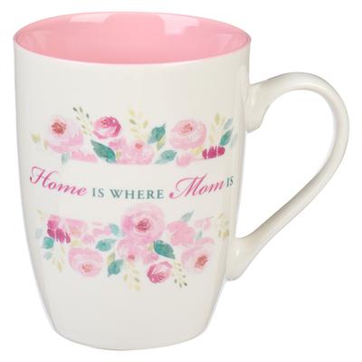 Special Coffee Mug for Mothers, Home Is Where Mom Is Pink Peony Flowers Inspirational Coffee/Tea Cup for Her Birthday, Mother's Day, 12oz Ceramic Micr