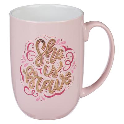 With Love Inspirational Coffee Mug for Women, She Is Brave Pink W/Gold Lettering Motivational Coffee/Tea Cup for Her Birthday, Mother's Day, Breast Ca