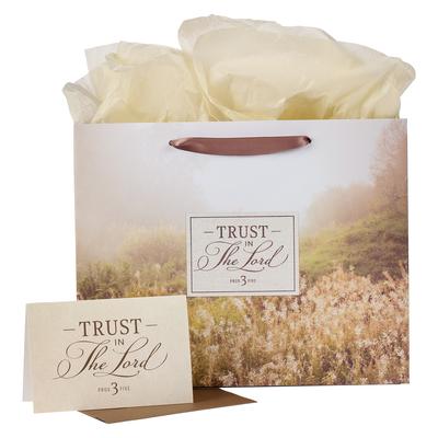 Christian Art Gifts Landscape Gift Bag with Card and Tissue Paper Set: Trust in the Lord - Proverbs 3:5 Inspirational Bible Verse, Brown, Large