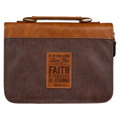 Christian Art Gifts Faux Leather Bible Cover for Men and Women: Stand Firm in the Faith - 1 Corinthians 16:13 Inspirational Bible Verse, Brown, Large