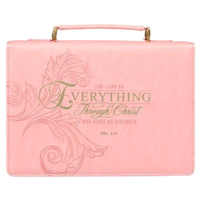 Christian Art Gifts Faux Leather Fashion Bible Cover for Women: Everything Through Christ - Philippians 4:13 Inspirational Bible Verse, Pink, Large