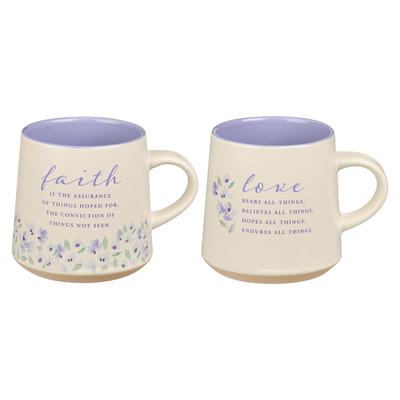 Christian Art Gifts Floral Ceramic Coffee and Tea Mug Set: Faith and Love Novelty Mug Set with Scripture - Set of Four 14 Oz. Cups, Blue