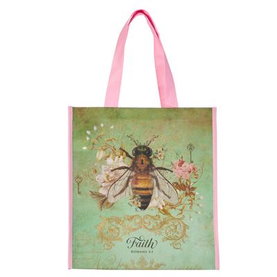 Christian Art Gifts Floral Bumble Bee Reusable Multicolor Shopping Tote Bag for Women: Faith - Romans 5:1, Easy-Hold, Cute, Durable, Collapsible Handb