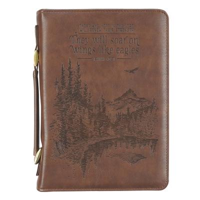 Christian Art Gifts Men's Classic Bible Cover on Wings Like Eagles Mountain Isaiah 40:31, Brown Faux Leather, XL