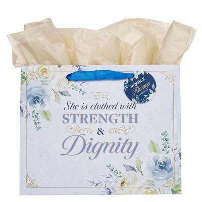 Christian Art Gifts Large Landscape Gift Bag W/Card & Tissue Paper Set for Moms: Strength & Dignity - Proverbs 31:25 Inspirational Bible Verse, Blue