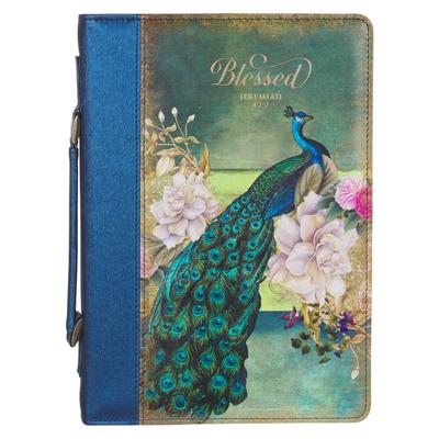 Christian Art Gifts Vegan Leather Fashion Bible Cover for Women: Blessed - Jer. 17:17 Inspirational Scripture Verse W/Colorful Peacock, Blue, Large