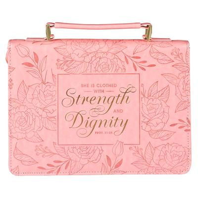 Christian Art Gifts Vegan Leather Fashion Floral Bible Cover for Women: Strength & Dignity - Proverbs 31:25 Inspirational Scripture Verse, Pink, Large