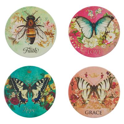 Christian Art Gifts Decorative Ceramic Coaster Set of 4: Bees & Butterflies - Multicolor for Cold & Hot Beverage Cups & Mugs