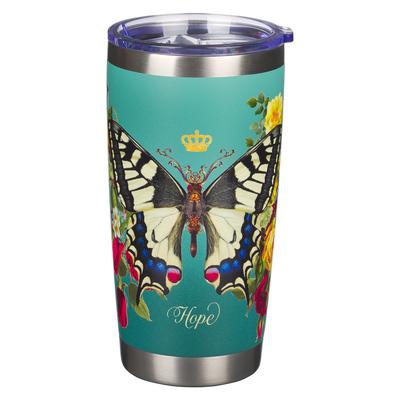 Christian Art Gifts Stainless Steel Floral Butterfly Teal Travel Mug for Women: Hope - (18oz Double Wall Vacuum Insulated Coffee and Tea Mug W/Lid)