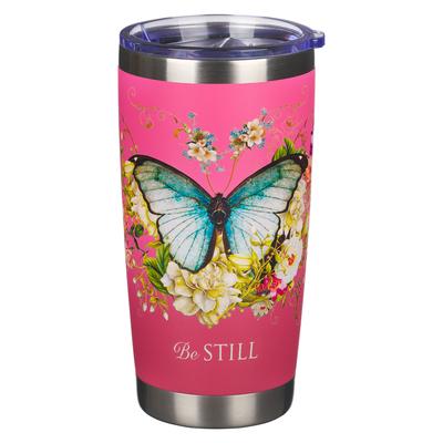 Christian Art Gifts Stainless Steel Floral Butterfly Pink Travel Mug for Women: Be Still - Psalm 46:10 Inspirational Scripture (18oz Double Wall Vacuu