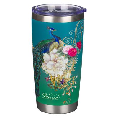 Christian Art Gifts Stainless Steel Floral Blue Peacock Travel Mug for Women: Blessed - (18oz Double Wall Vacuum Insulated Coffee and Tea Mug W/Lid)