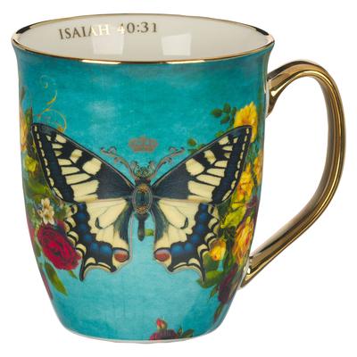 Christian Art Gifts Large Ceramic Novelty Scripture Coffee & Tea Mug for Women: Hope - Isaiah 40:31 Inspirational Bible Verse, Floral Butterfly, Teal