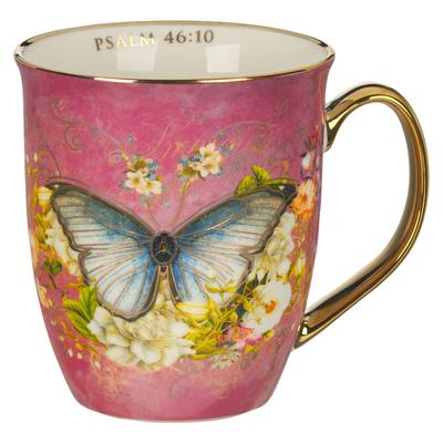 Christian Art Gifts Large Ceramic Novelty Scripture Coffee & Tea Mug for Women: Be Still - Psalm 46:10 Inspirational Bible Verse, Floral Butterfly, Pi