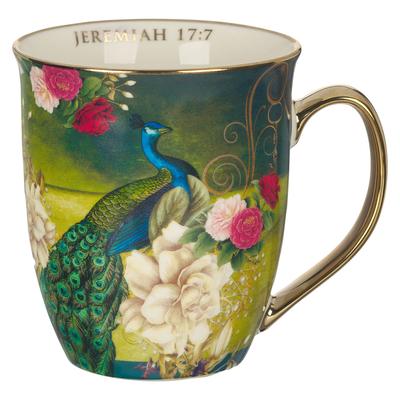 Christian Art Gifts Large Ceramic Novelty Scripture Coffee & Tea Mug for Women: Blessed - Jeremiah 17:7 Inspirational Bible Verse, Floral Peacock, Blu