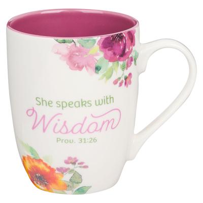 Christian Art Gifts Ceramic Coffee and Tea Mug for Women: She Speaks with Wisdom - Proverbs 31:26 Inspirational Bible Verse, Multi-Floral, Maroon Red,