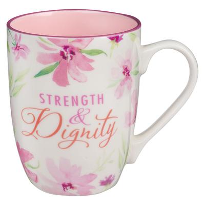 Christian Art Gifts Ceramic Coffee and Tea Mug for Women: Strength & Dignity - Proverbs 31:25 Inspirational Bible Verse, Floral, Pink, 12 Oz.