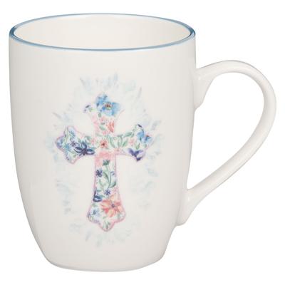 Christian Art Gifts Ceramic Coffee and Tea Mug for Women: Floral Cross Design, Inspirational Encouraging Drinkware, Blue, 12 Oz.