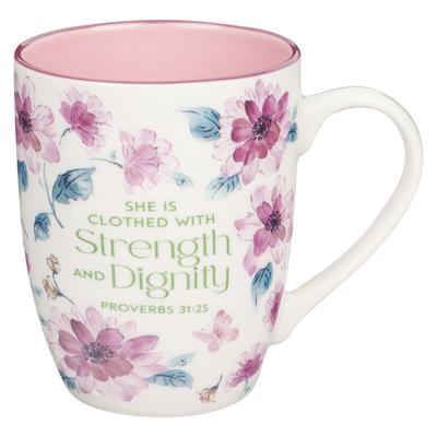 Christian Art Gifts Ceramic Coffee and Tea Mug for Women: Strenght & Dignity - Proverbs 31:25 Inspirational Bible Verse, Floral, Pink, 12 Oz.