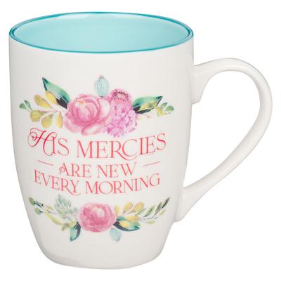 Christian Art Gifts Ceramic Coffee and Tea Mug for Women: His Mercies Are New - Lam. 3:22-23 Inspirational Bible Verse, Floral, Teal Blue, 12 Oz.