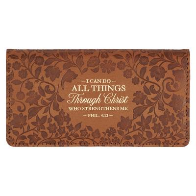 Christian Art Gifts Premium Vegan Leather Scripture Checkbook Cover for Men & Women: All Things Through Christ - Phil. 4:13 Inspirational Bible Verse,