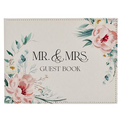 Mr. & Mrs. Floral Wedding Guest Book - We Love Because He First Loved Us - 1 John 4:19 Inspirational Scripture Vegan Leather, Medium Pink & White