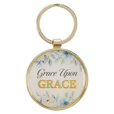 Christian Art Gifts Inspirational Keychain for Women: Grace Upon Grace - Encouraging Bible Verse Accessory for Girls, Round Gold Coated Keyring for Pu