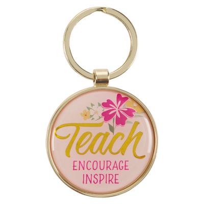 Christian Art Gifts Inspirational Keychain for Teachers: Teach, Encourage, Inspire - Encouraging Bible Verse Accessory for Women, Round Gold Coated Ke