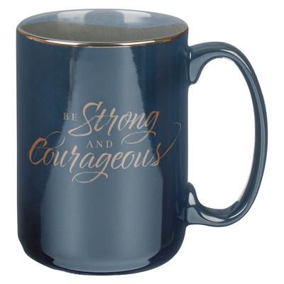 Christian Art Gifts Large Coffee & Tea Inspirational Scripture Mug for Men: Strong & Courageous - Encouraging Bible Verse Drinkware, Navy Blue, 14 Oz.