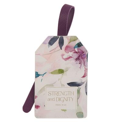 Christian Art Gifts Inspirational Vegan Leather Floral Scripture Luggage Tag for Women: Strength & Dignity - Baggage Accessory for Carry-On, Checked B