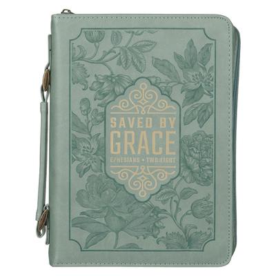 Christian Art Gifts Fashion Vegan Leather Bible Cover for Women: Saved by Grace - Inspirational Bible Verse, Sturdy Easy Carry Book Case W/Pen Loops,