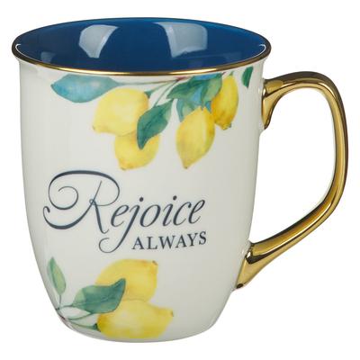 Christian Art Gifts Large Ceramic Inspirational Scripture Coffee & Tea Mug for Women: Rejoice Always, Encouraging Bible Verse, Yellow Lemon Novelty Dr