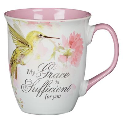 Christian Art Gifts Large Ceramic Inspirational Scripture Coffee & Tea Mug for Women: Grace Is Sufficient, Encouraging Bible Verse, Yellow Hummingbird