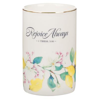 Christian Art Gifts Ceramic Table Vase for Flowers & Plants: Rejoice Always Inspirational Bible Verse for Home & Kitchen with Yellow Lemons, Green Lea