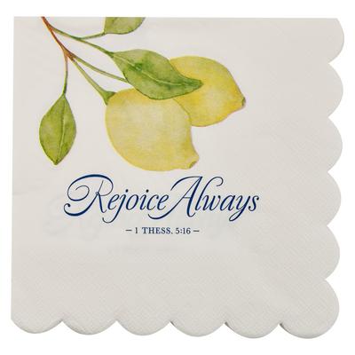 Christian Art Gifts Inspirational Scripture Napkin Set for Home & Kitchen: Rejoice Always Encouraging Bible Verse W/Colorful Yellow Lemon Design W/Blu