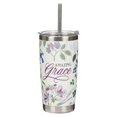 Christian Art Gifts Large Sturdy Stainless Steel Travel Mug for Women: Amazing Grace, Inspirational, Double Wall Vacuum Insulated W/Straw, Hot/Cold Be