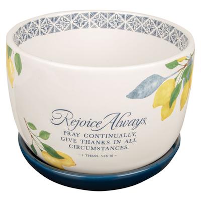 Christian Art Gifts Two Piece White Ceramic Table Top Planter Pot W/Navy Blue Saucer for Women: Rejoice Always Inspirational Bible Verse, Indoor & Out